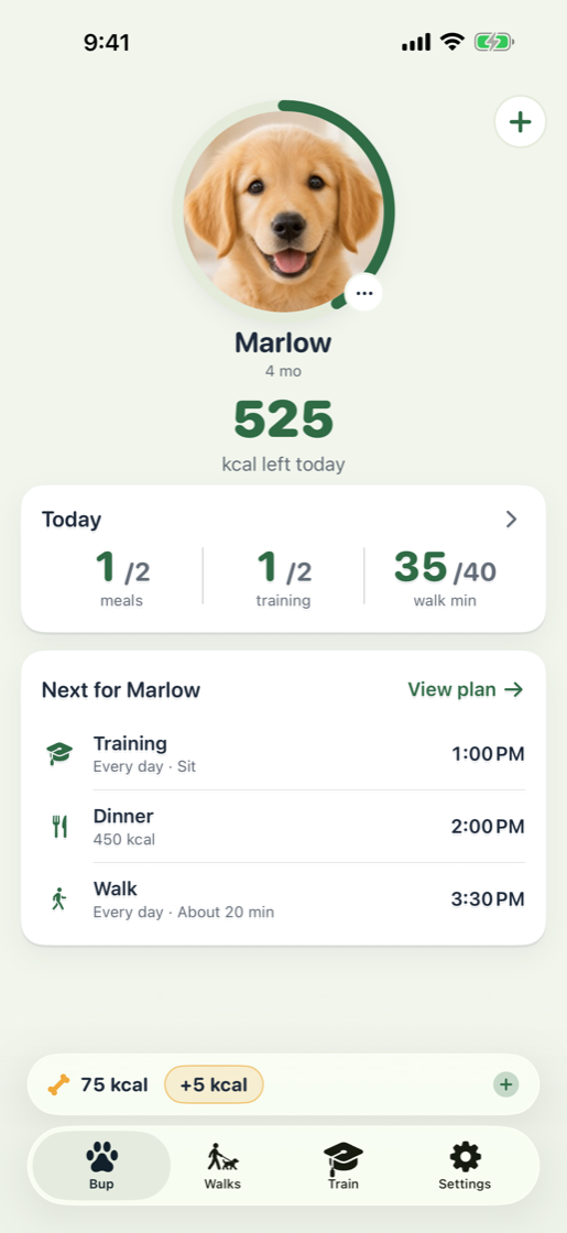 Bup home screen: Marlow, 525 kcal left today, 35 minutes walked, and buttons to log a treat or a meal