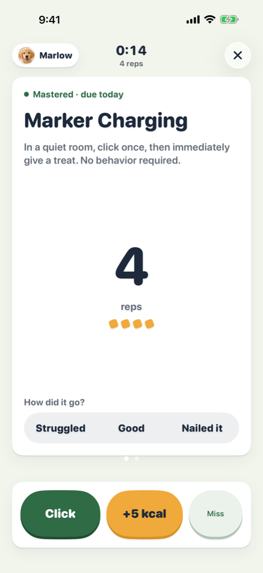 A training session: the skill, a rep counter, grade buttons, and a clicker