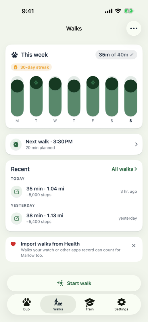 Walks screen: a week of walks against a 40-minute daily target, with the walk history below