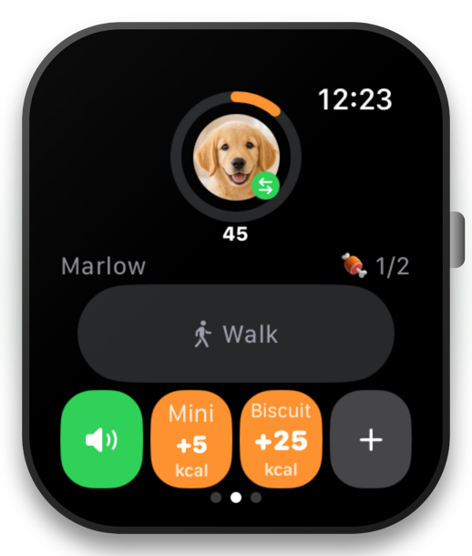 Apple Watch glance screen: a calorie ring around the dog's photo reading 45, with a click button and three treat-size presets below