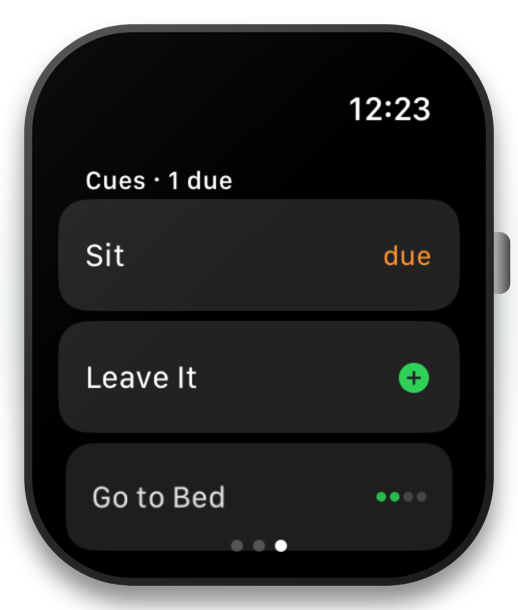 Apple Watch Train screen listing today's skill reviews: Charging the Marker due now, Sit due in 3 days, Leave It ready to add