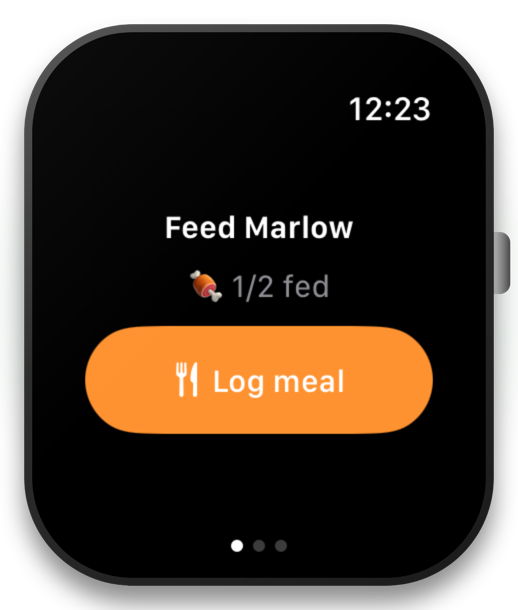 Apple Watch meal screen reading Feed Marlow, 1 of 2 meals fed, with a Log meal button